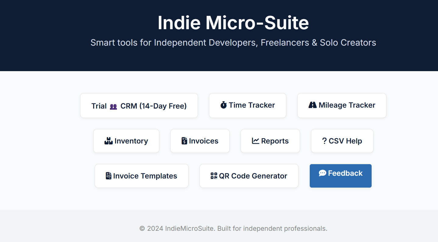 Dashboard preview of the IndieMicroSuite freelancer tools